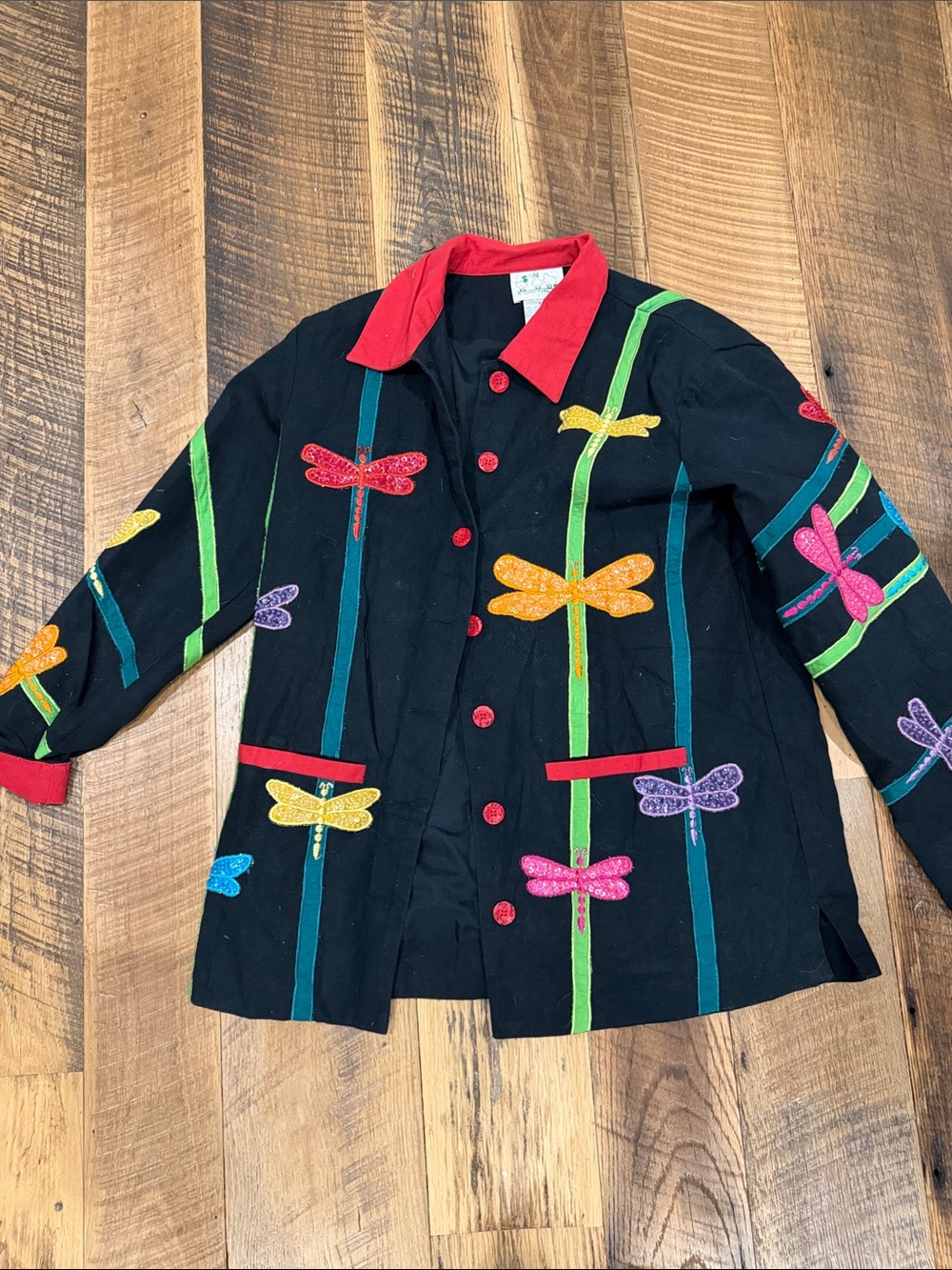 Quacker Factory Black Jacket with Red Collar and Multicolor Dragonflies